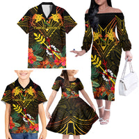 Papua New Guinea Chimbu Province Family Matching Off Shoulder Long Sleeve Dress and Hawaiian Shirt Papua Niugini Coat Of Arms With Flag Style LT14 - Polynesian Pride