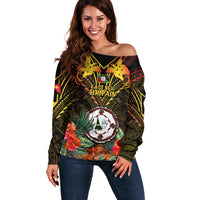 Papua New Guinea East New Britain Province Off Shoulder Sweater Papua Niugini Coat Of Arms With Flag Style LT14 Women Black - Polynesian Pride