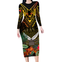 Papua New Guinea Western Province Long Sleeve Bodycon Dress Papua Niugini Coat Of Arms With Flag Style LT14 Long Dress Black - Polynesian Pride