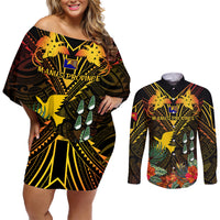 papua-new-guinea-manus-province-couples-matching-off-shoulder-short-dress-and-long-sleeve-button-shirts-papua-niugini-coat-of-arms-with-flag-style