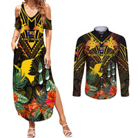 Papua New Guinea Manus Province Couples Matching Summer Maxi Dress and Long Sleeve Button Shirts Papua Niugini Coat Of Arms With Flag Style LT14 Black - Polynesian Pride