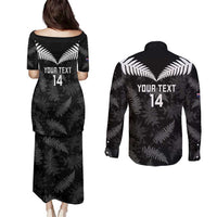 Custom New Zealand Silver Fern Football Couples Matching Puletasi and Long Sleeve Button Shirt Go Aotearoa Grunge Black - Polynesian Pride