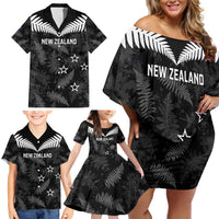 Custom New Zealand Silver Fern Football Family Matching Off Shoulder Short Dress and Hawaiian Shirt Go Aotearoa Grunge Black - Polynesian Pride