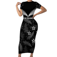 Custom New Zealand Silver Fern Football Family Matching Short Sleeve Bodycon Dress and Hawaiian Shirt Go Aotearoa Grunge Black - Polynesian Pride