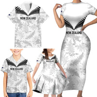 Custom New Zealand Silver Fern Football Family Matching Short Sleeve Bodycon Dress and Hawaiian Shirt Go Aotearoa Grunge White - Polynesian Pride