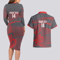 Custom New Caledonia Football Couples Matching Long Sleeve Bodycon Dress and Hawaiian Shirt Allez Les Cagous Grey Version - Polynesian Pride