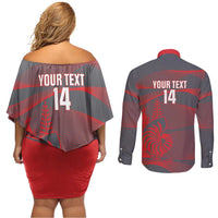 Custom New Caledonia Football Couples Matching Off Shoulder Short Dress and Long Sleeve Button Shirt Allez Les Cagous Grey Version - Polynesian Pride