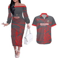 Custom New Caledonia Football Couples Matching Off The Shoulder Long Sleeve Dress and Hawaiian Shirt Allez Les Cagous Grey Version - Polynesian Pride