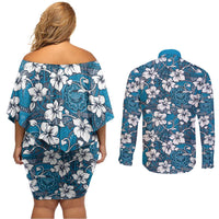 Karakarawa Bula Fiji Couples Matching Off Shoulder Short Dress and Long Sleeve Button Shirt Fijian Tapa Seamless Hibiscus - Polynesian Pride