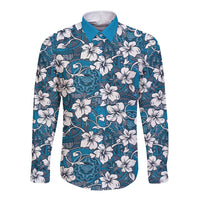 Karakarawa Bula Fiji Long Sleeve Button Shirt Fijian Tapa Seamless Hibiscus LT14 Unisex Blue - Polynesian Pride