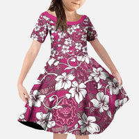 Piqi Bula Fiji Family Matching Long Sleeve Bodycon Dress and Hawaiian Shirt Fijian Tapa Seamless Hibiscus LT14 Daughter's Dress Pink - Polynesian Pride