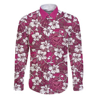Piqi Bula Fiji Family Matching Long Sleeve Bodycon Dress and Hawaiian Shirt Fijian Tapa Seamless Hibiscus LT14 Dad's Shirt - Long Sleeve Pink - Polynesian Pride