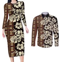 Bula Fiji Masi Couples Matching Long Sleeve Bodycon Dress and Long Sleeve Button Shirt Tapa Tropical Hibiscus Half Stylized - Polynesian Pride