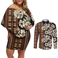 Bula Fiji Masi Couples Matching Off Shoulder Short Dress and Long Sleeve Button Shirt Tapa Tropical Hibiscus Half Stylized - Polynesian Pride