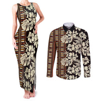 Bula Fiji Masi Couples Matching Tank Maxi Dress and Long Sleeve Button Shirt Tapa Tropical Hibiscus Half Stylized - Polynesian Pride