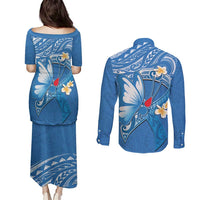 Polynesia Diabetes Awareness Month Couples Matching Puletasi and Long Sleeve Button Shirt In November We Wear Blue