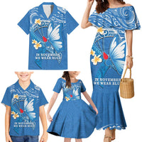 Polynesia Diabetes Awareness Month Family Matching Mermaid Dress and Hawaiian Shirt In November We Wear Blue