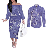 Polynesia Stomach Cancer Awareness Couples Matching Off The Shoulder Long Sleeve Dress and Long Sleeve Button Shirt Periwinkle Ribbon Brave Strong!