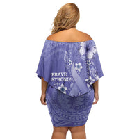 Polynesia Stomach Cancer Awareness Family Matching Off Shoulder Short Dress and Hawaiian Shirt Periwinkle Ribbon Brave Strong!