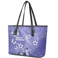 Polynesia Stomach Cancer Awareness Leather Tote Bag Periwinkle Ribbon Brave Strong!