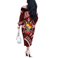 Malo e lelei Tonga Off The Shoulder Long Sleeve Dress Tongan Ngatu Pattern Red Version LT14 - Polynesian Pride