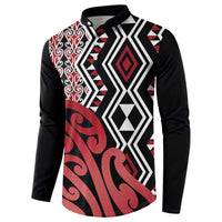 New Zealand Button Sweatshirt Aotearoa Kowhaiwhai Mix Taniko Art - Red
