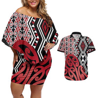 New Zealand Couples Matching Off Shoulder Short Dress and Hawaiian Shirt Aotearoa Kowhaiwhai Mix Taniko Art - Red