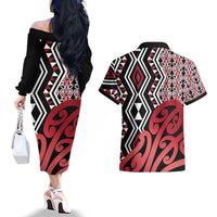 New Zealand Couples Matching Off The Shoulder Long Sleeve Dress and Hawaiian Shirt Aotearoa Kowhaiwhai Mix Taniko Art - Red