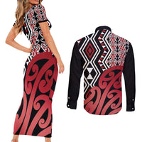 New Zealand Couples Matching Short Sleeve Bodycon Dress and Long Sleeve Button Shirt Aotearoa Kowhaiwhai Mix Taniko Art - Red