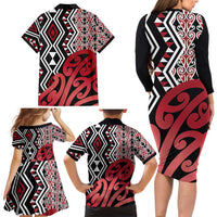 New Zealand Family Matching Long Sleeve Bodycon Dress and Hawaiian Shirt Aotearoa Kowhaiwhai Mix Taniko Art - Red LT14 - Polynesian Pride