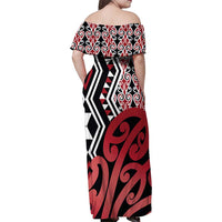 New Zealand Family Matching Off Shoulder Maxi Dress and Hawaiian Shirt Aotearoa Kowhaiwhai Mix Taniko Art - Red LT14 - Polynesian Pride