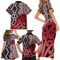 New Zealand Family Matching Short Sleeve Bodycon Dress and Hawaiian Shirt Aotearoa Kowhaiwhai Mix Taniko Art - Red LT14 - Polynesian Pride