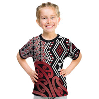 New Zealand Kid T Shirt Aotearoa Kowhaiwhai Mix Taniko Art - Red LT14 Red - Polynesian Pride