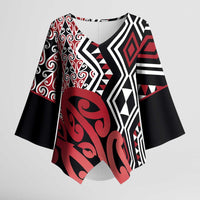 New Zealand Kimono Sleeve Blouse Aotearoa Kowhaiwhai Mix Taniko Art - Red - Polynesian Pride