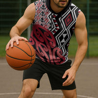 New Zealand Sleeveless Hoodie Aotearoa Kowhaiwhai Mix Taniko Art - Red - Polynesian Pride