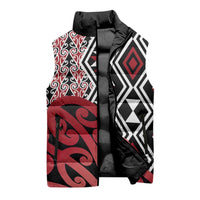 New Zealand Sleeveless Puffer Jacket Aotearoa Kowhaiwhai Mix Taniko Art - Red - Polynesian Pride
