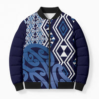 New Zealand Bomber Puffer Jacket Aotearoa Kowhaiwhai Mix Taniko Art - Blue - Polynesian Pride