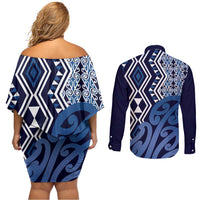New Zealand Couples Matching Off Shoulder Short Dress and Long Sleeve Button Shirt Aotearoa Kowhaiwhai Mix Taniko Art - Blue