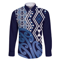 New Zealand Family Matching Long Sleeve Bodycon Dress and Hawaiian Shirt Aotearoa Kowhaiwhai Mix Taniko Art - Blue LT14 Dad's Shirt - Long Sleeve Blue - Polynesian Pride
