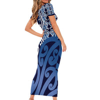 New Zealand Family Matching Short Sleeve Bodycon Dress and Hawaiian Shirt Aotearoa Kowhaiwhai Mix Taniko Art - Blue LT14 - Polynesian Pride