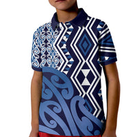 New Zealand Kid Polo Shirt Aotearoa Kowhaiwhai Mix Taniko Art - Blue LT14 Kid Blue - Polynesian Pride