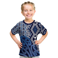 New Zealand Kid T Shirt Aotearoa Kowhaiwhai Mix Taniko Art - Blue LT14 Blue - Polynesian Pride