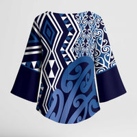 New Zealand Kimono Sleeve Blouse Aotearoa Kowhaiwhai Mix Taniko Art - Blue - Polynesian Pride