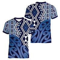 New Zealand Women V-Neck T-Shirt Aotearoa Kowhaiwhai Mix Taniko Art - Blue