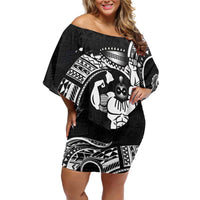 Black Hawaii Ikaika Warrior Family Matching Off Shoulder Short Dress and Hawaiian Shirt Hawaiian Power LT14 Mom's Dress Black - Polynesian Pride