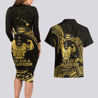 Gold Hawaii Ikaika Warrior Couples Matching Long Sleeve Bodycon Dress and Hawaiian Shirt Hawaiian Power LT14 - Polynesian Pride
