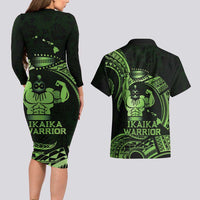 Green Hawaii Ikaika Warrior Couples Matching Long Sleeve Bodycon Dress and Hawaiian Shirt Hawaiian Power LT14 - Polynesian Pride