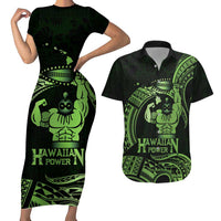 Green Hawaii Ikaika Warrior Couples Matching Short Sleeve Bodycon Dress and Hawaiian Shirt Hawaiian Power LT14 Green - Polynesian Pride