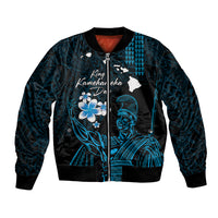 Personalised Hawaii King Kamehameha Day Bomber Jacket Plumeria With Kakau Pattern - Blue