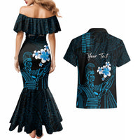 Personalised Hawaii King Kamehameha Day Couples Matching Mermaid Dress and Hawaiian Shirt Plumeria With Kakau Pattern - Blue LT14 - Polynesian Pride